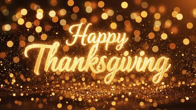 A festive and celebratory background with sparkling bokeh lights and the words 'Happy Thanksgiving' in a warm, inviting glow