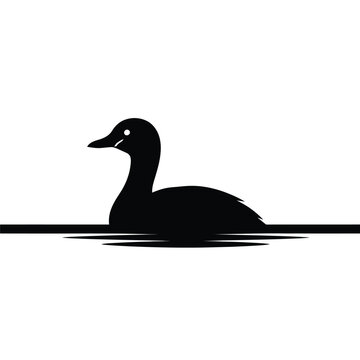 Black Silhouette Of Duck Swimming.