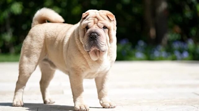 Cream Chinese Shar Pei dog standing on bright stone patio with curled tail, soft garden bokeh, wrinkled face, sturdy pose, natural daylight, calm purebred pet portrait for outdoor lifestyle theme
