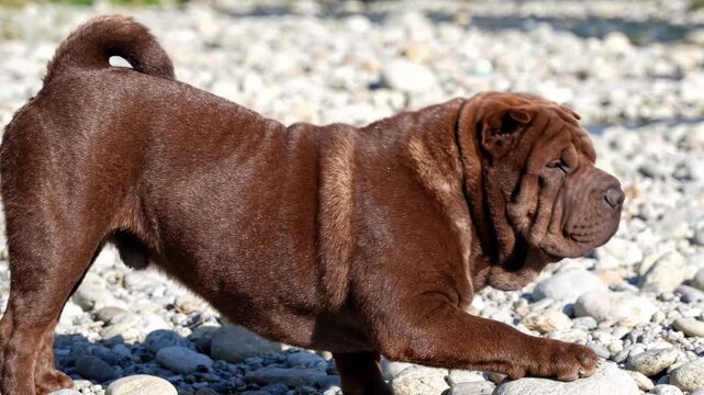 Chocolate brown Chinese Shar Pei dog standing on pale river stones, curled tail, strong body, wrinkled face looking back, bright daylight, rugged natural breed portrait with rocky outdoor texture