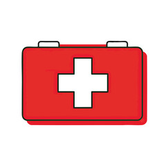 Fototapeta premium Minimalist vector illustration of a red medical first aid kit box with a white cross symbol.