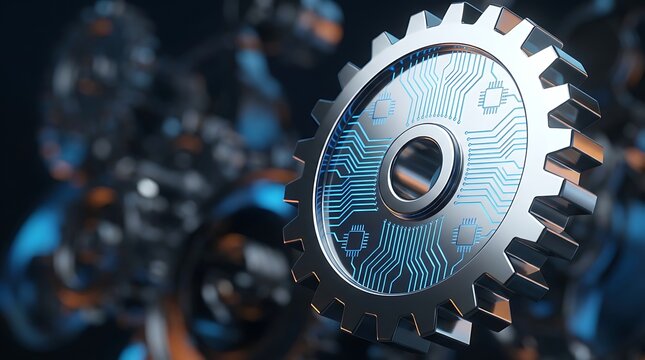 Close up of futuristic metallic gear with glowing blue circuit board pattern, representing technology, innovation and industry.