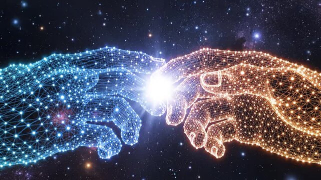 Two glowing hands reaching in space highlighting artificial intelligence and digital evolution