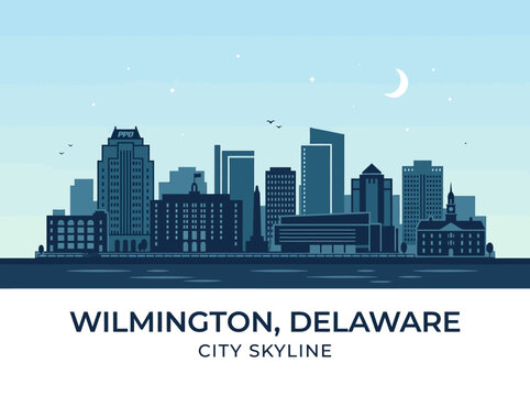 Wilmington Delaware City Skyline Vector Illustration - Stylized Flat Design Night Scene with Skyscrapers and Moon