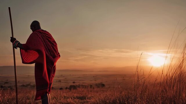 Maasai warrior walks towards the sunset in traditional red shuka and beadwork on the plains of Africa during evening
