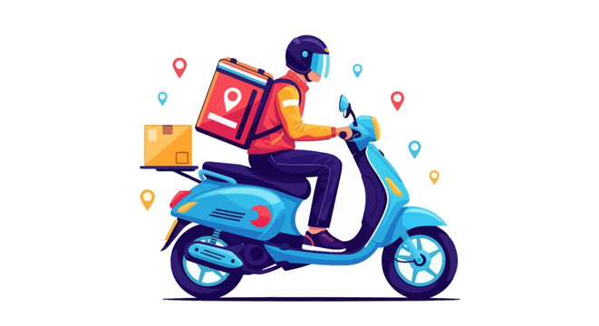 Delivery Person Riding Scooter with Package and Backpack.