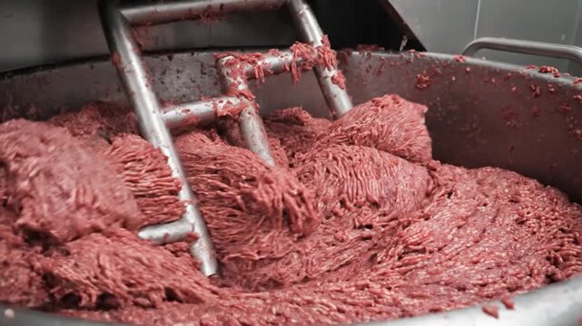 A large industrial machine mixes raw meat ingredients in a commercial food processing facility, preparing for production and packaging