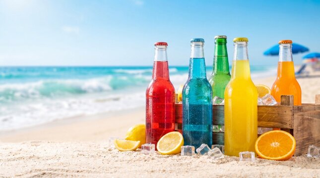 Ice cold colorful drinks on hot summer beach sand, refreshing concept with fresh fruits and ice cubes