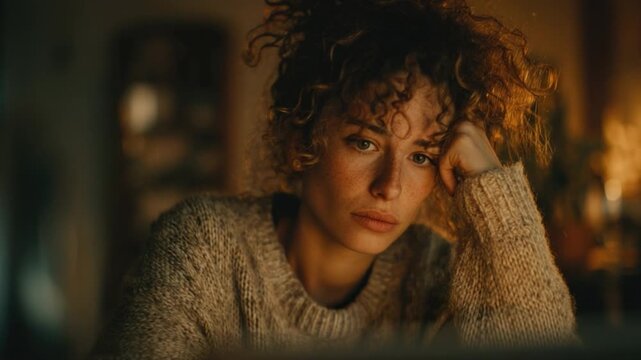 Contemplative Moment: A woman, lost in thought, leans on her hand while working on the computer, showing her pensive emotions and the quiet moment of reflection.