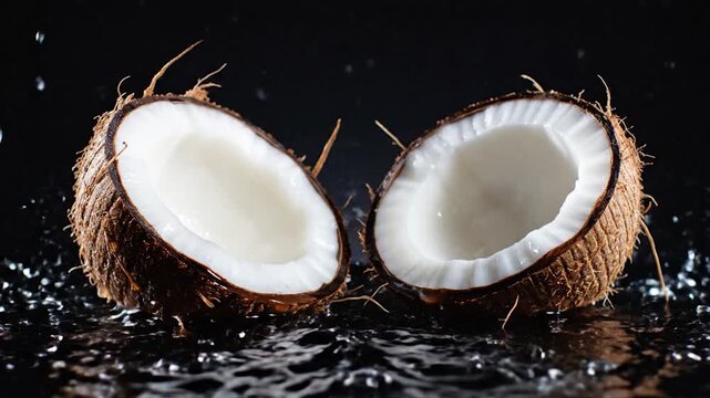 A halved coconut with fresh white flesh is shown, with water droplets splashing around it, on a reflective black surface, creating a refreshing visual
