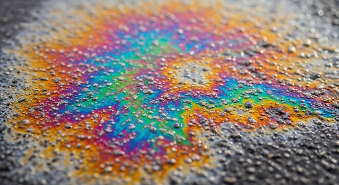 Vibrant iridescent oil slick on wet asphalt creating a colorful abstract pattern.