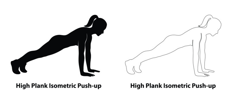 Female Black Silhouette and Outline Set Performing High Plank Isometric Push-up for Core Stability and Upper Body Strength Training Illustration