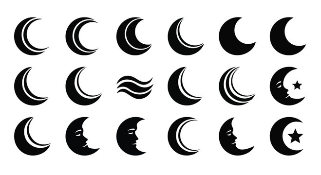 Collection of black silhouette moon phases crescent shapes faces stars and wave icons in a grid