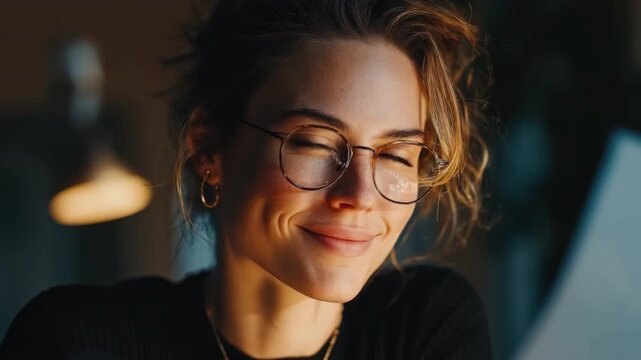 Glowing Moments: A woman illuminated by a warm light source, wears eyeglasses and smiles, capturing the essence of tranquility and personal connection.