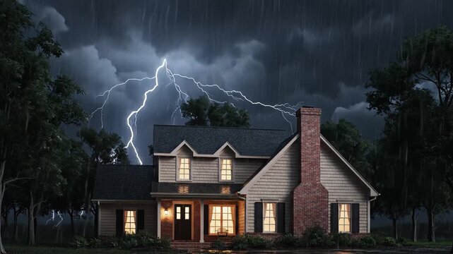 House under stormy sky with lightning symbolizing tranquility, harmony, and natural balance