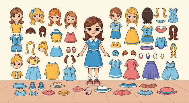 Kawaii paper doll creator kit, cute anime girl character with modular outfits and hairstyles, vintage style dress up game vector set