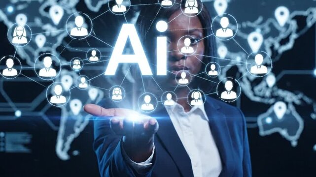 Businesswoman holding glowing ai logo with global network and user icons background conceptual business technology