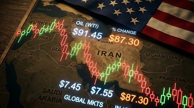 Oil price chart over iran map with usa flag and stock market data showing economic fluctuations and global trade impacts on petroleum industry investments.