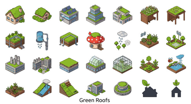 adobe Variety of green roof designs and sustainable architecture concepts on white background flash