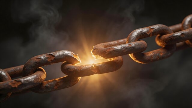 Rusty chain link breaking with light