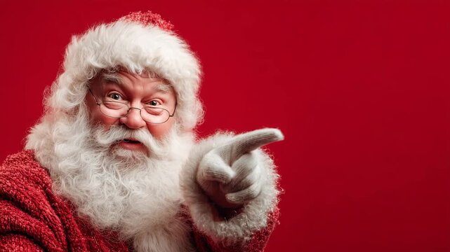Festive Santa Claus smiles and gestures cheerfully in front of a red background