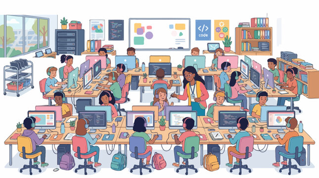 Diverse group of students learning computer science in a modern classroom.