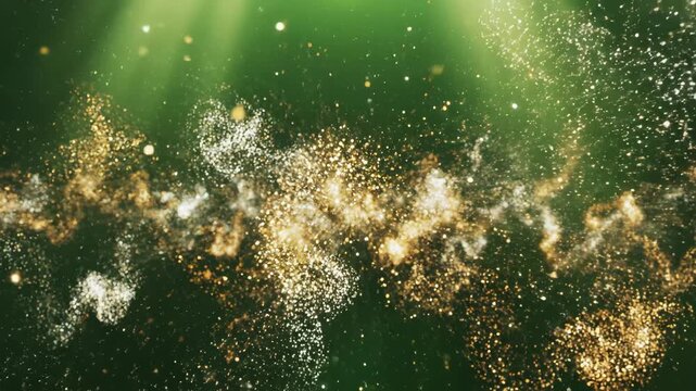 Golden particles floating in green light highlighting geometric patterns and contemporary art