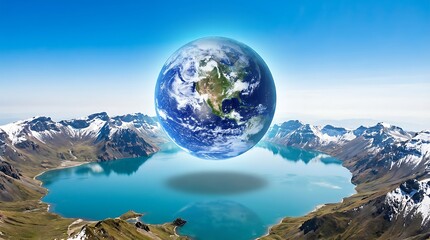 Fototapeta premium Floating planet Earth above tranquil blue lake surrounded by majestic snowy mountains and green valley under clear sky showing continents and oceans.