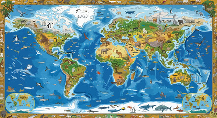 Illustrated world map with animals, colorful educational globe poster for children, cartoon earth map featuring wildlife and marine life, vector geography art © rani