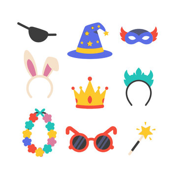 Collection of Party Costume Accessories: Pirate Eye Patch, Wizard Hat, Mask, Crown, Glasses