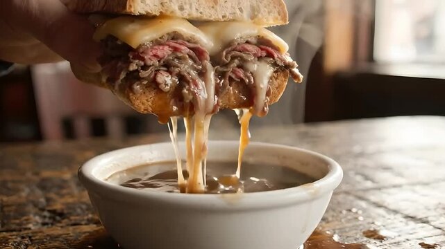 Hand Dipping Cheesy Roast Beef French Dip Sandwich Into Steaming Au Jus