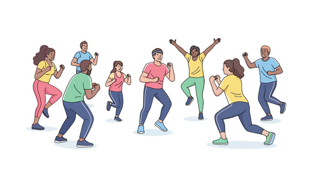 Diverse group of people engaged in energetic fitness class activity.