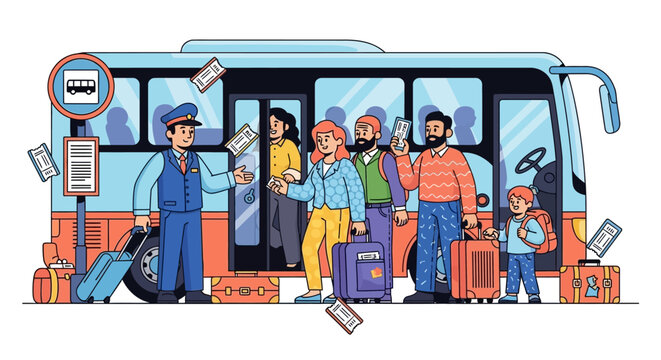 Diverse group of people boarding a bus with luggage.