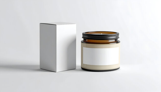 Amber glass jar candle mockup with blank white label and packaging box on clean background minimalist design modern studio shot