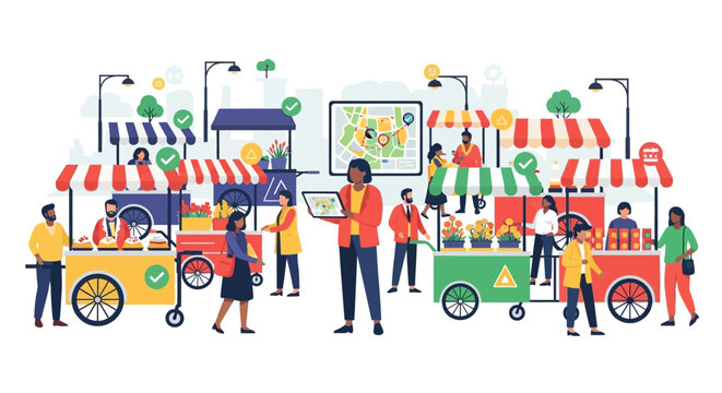 Diverse group of people enjoying a vibrant outdoor market scene.