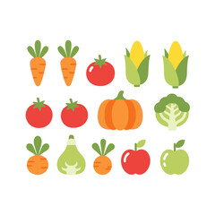 Fototapeta premium Assorted Fresh Vegetables and Fruits Collection: Carrots, Tomatoes, Corn, Pumpkin, Broccoli, Garlic, Apple
