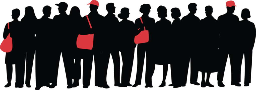 Crowd people silhouettes set, diverse group standing together, black figures with red bag accents illustration