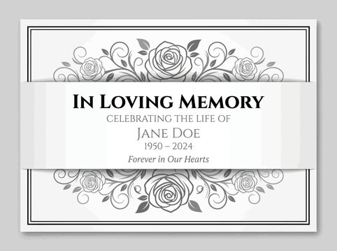 Elegant In Loving Memory Funeral Program Card Template with Floral Rose Border, Silver Banner, and Celebration of Life Announcement Design