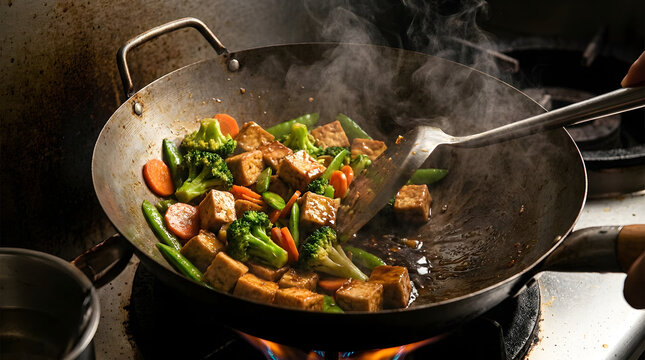 Stir frying vegetables and meat.