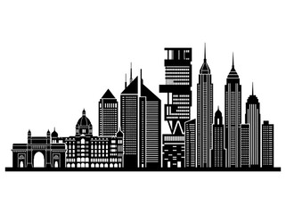 Fototapeta premium Mumbai India City Skyline Silhouette featuring Gateway of India and Modern Skyscrapers Black Vector Illustration