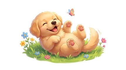Fototapeta premium Happy Puppy Rolling in Grass with Copy Space for Joyful Marketing