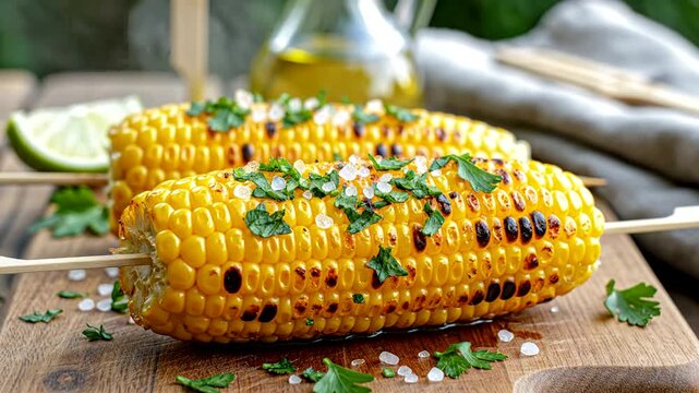 Delicious grilled corn on the cob seasoned with herbs and spices.