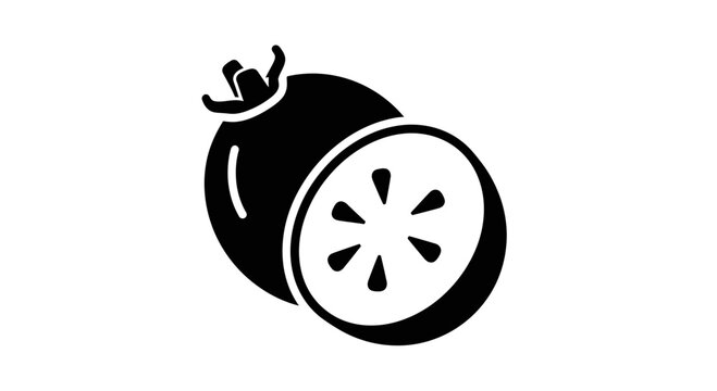 Fresh Feijoa Fruit Icon, Whole and Halved, Black and White Silhouette