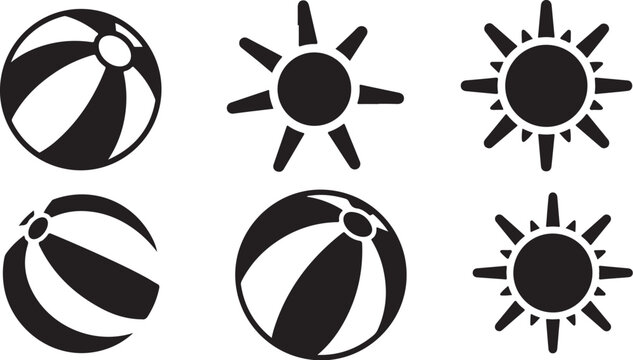 Collection of beach ball and sun icons vector graphic illustration