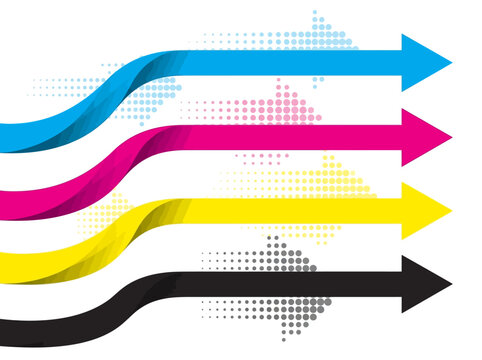 CMYK Color Arrows with Halftone Effects - Professional Vector Graphic for Printing Industry, Creative Design Process and Business Growth Strategy