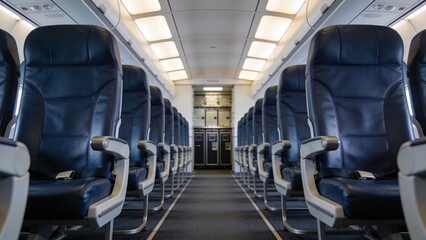 Naklejka premium Ultra Realistic Empty Commercial Airplane Cabin Interior with Symmetrical Aisle Perspective and Clean Modern Lighting Design