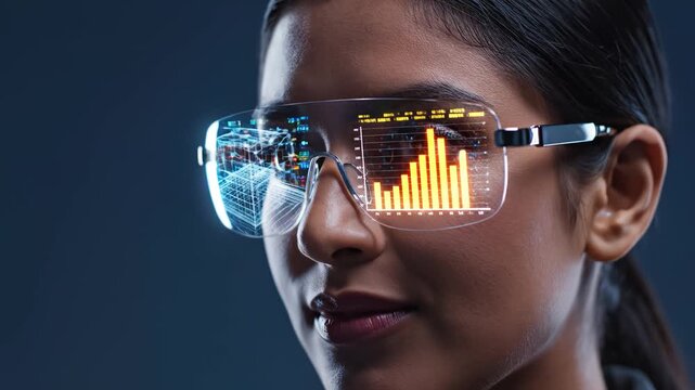 Woman wearing smart glasses with data display highlighting artificial intelligence and digital evolution