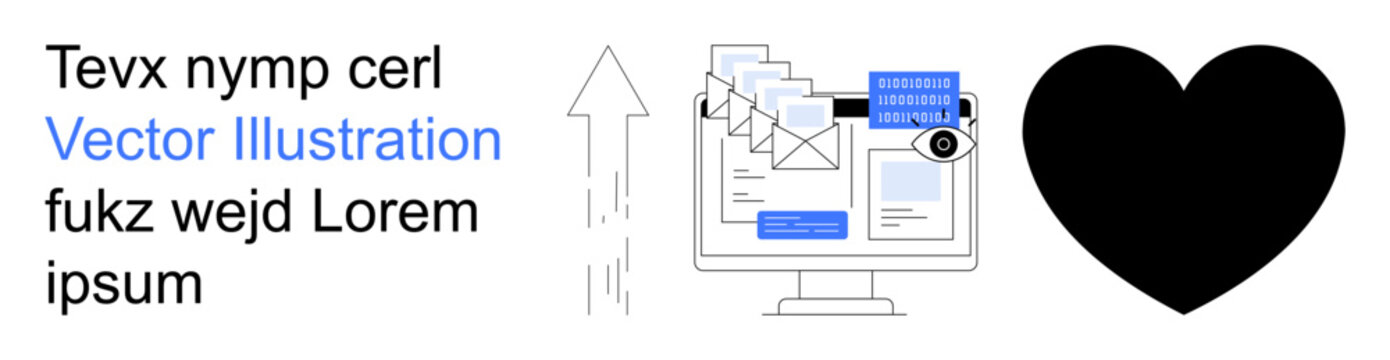 Email communication, data security, online messaging, digital love, workflow management, web design. Computer screen with envelopes, security icons and black heart. Email communication and data