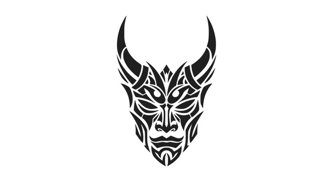 Tribal demon mask tattoo design, occult symbol, dark art, black and white