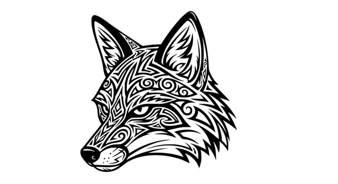 Tribal Fox Head Tattoo Design, Black and White Vector Art